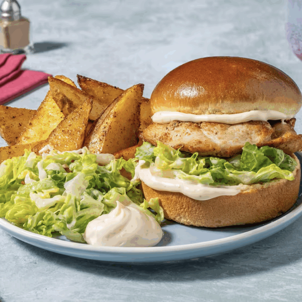 HELLO FRESH Grillhähnchen-Burger mit Kartoffelspalten